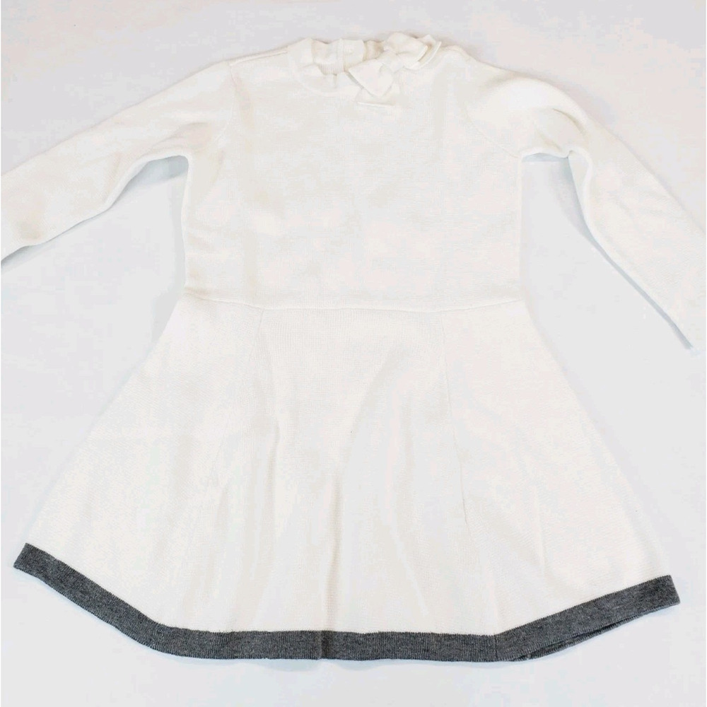 Girls' White Knit Dress with Gray Hem and Ruffle Neck